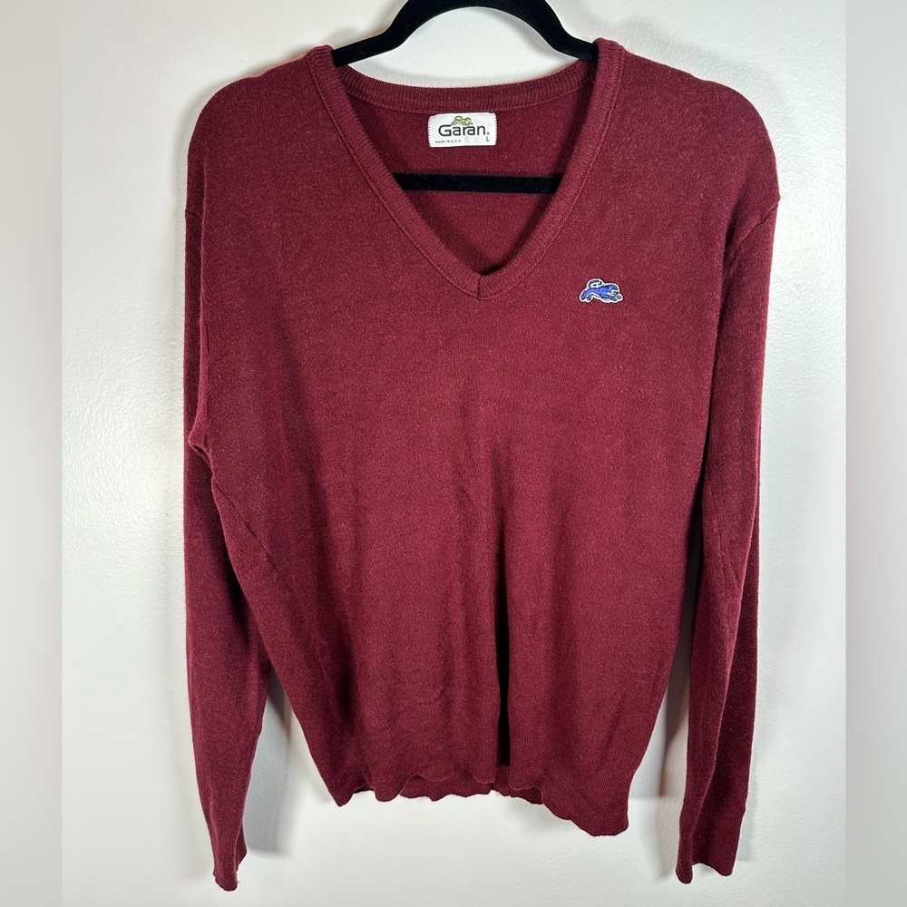 Vintage Garan deep Red Sweater, Panther logo v-neck Unisex 80s